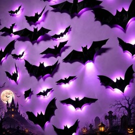 Murciélagos Halloween 3D Iluminados, Juego de 48 Murciélagos Decorativos con Luces LED, 2 Efectos de Iluminación, Fácil de Pegar, Decoración de Halloween para Paredes, Ventanas y Fiestas