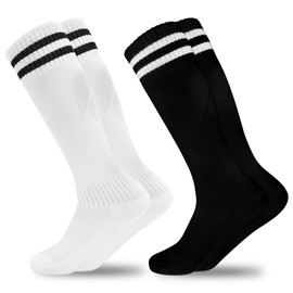 Kids Soccer Socks, 2 Pairs Sports Girls Boys Knee High Tube Socks Toddler Stripes School Uniform Stockings（#1 White+Black 7-13 Years）