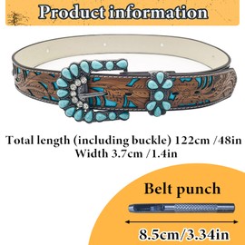 Feelorna Western Belt for Women, Vintage Embossed Engraved Leather Belt Adjustable Cowgirl Country Belt with Turquoise Buckle for Jeans Pants (Style A, 112CM)