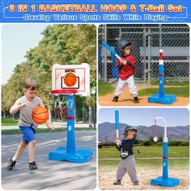RIANEAN 3 in 1 Kids Basketball Hoop and T Ball Set, Adjustable Height Toddler Basketball Hoop, Hanging Tee Baseball, Indoor Outdoor Sports Toys Gifts for Toddlers Boys Girls Ages 3 4 5 Year