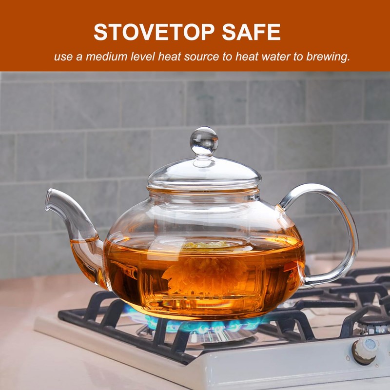 Glass Teapot Stovetop Safe, Heat-Resistant Clear Teapot with Removable glass