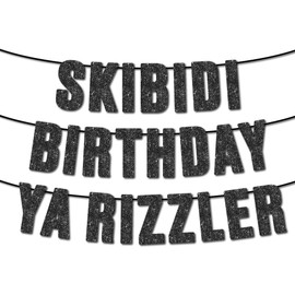 Pre-Strung Skibidi Birthday Ya Rizzler Black Glitter Banner, Funny Zoomer Gen Z Slang Birthday Party Supplies,Ideas, Gifts and Decoration（Rizzler）