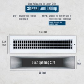 Fits 20x4 Duct Opening Steel Adjustable Air Supply Grille by Handua | Register Vent Cover Grill for Sidewall and Ceiling | White | Outer Dimensions: 21.75" X 5.75"