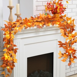 Giegxin 8.2ft Fall Decor Fall Garland Artificial with LED Fake Autumn Maple Leaves Garlands for Mantle Fireplace Table Maple Leaves Hanging Vine Porch Front Door Indoor Autumn Thanksgiving Party Decor
