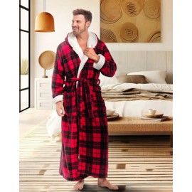 Alexander Del Rossa Men’s Long Hooded Sherpa Robe, Hooded Big and Tall Plush Fleece Hoodie Bathrobe Red Black Plaid with Cream Large (A0262Q42LG)