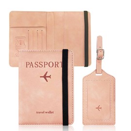 Aieino Passport Holder with Luggage Tag, Travel Wallet RFID Blocking Boarding Card Credit Card Moneny Organiser PU Leather Bag Passport Cover Suitcase Label for Men Women Travel Accessories(Pink)