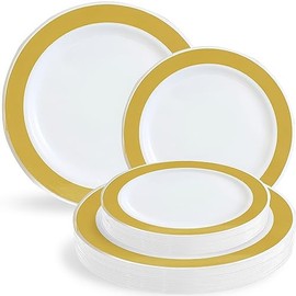 Blue Sky Glitz Collection Gold and White Plastic Plates | 7.25" & 10" - 32 Count - Perfect for Parties & Events