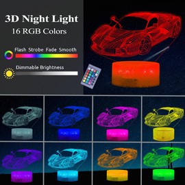 POSSHE Car Gifts for Men, Race Car Night Light with Remote Control, 16 Colors Changing, RGB Flashing Mode, Timer, Dimmable, Super Car Gifts for Boys Christmas Decor