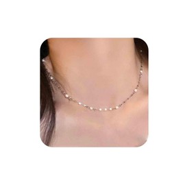 Aneneiceera Bohemian Pearl Necklace Choker Necklace Silver Beads Pearl Necklace Multi Pearl Necklace Tiny Floating Pearl Necklace Jewellery for Women, Zinc