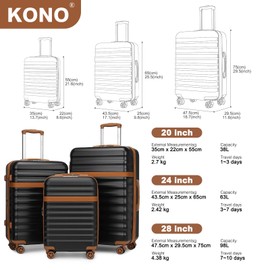 Kono Medium Checked Luggage 24inch Expandable With Spinner Wheels, TSA Lock, ABS+PC Lightweight Travel Suitcase Larger And Lighter Capacity, Black Brown
