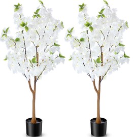 Giegxin 2 Pack Artificial Cherry Blossom Tree 3.9 FT Fake Faux Sakura Flowers Potted Plant Indoor with Plastic Nursery Pot for Home Porch Bedroom House Entryway Office Outdoor (White)