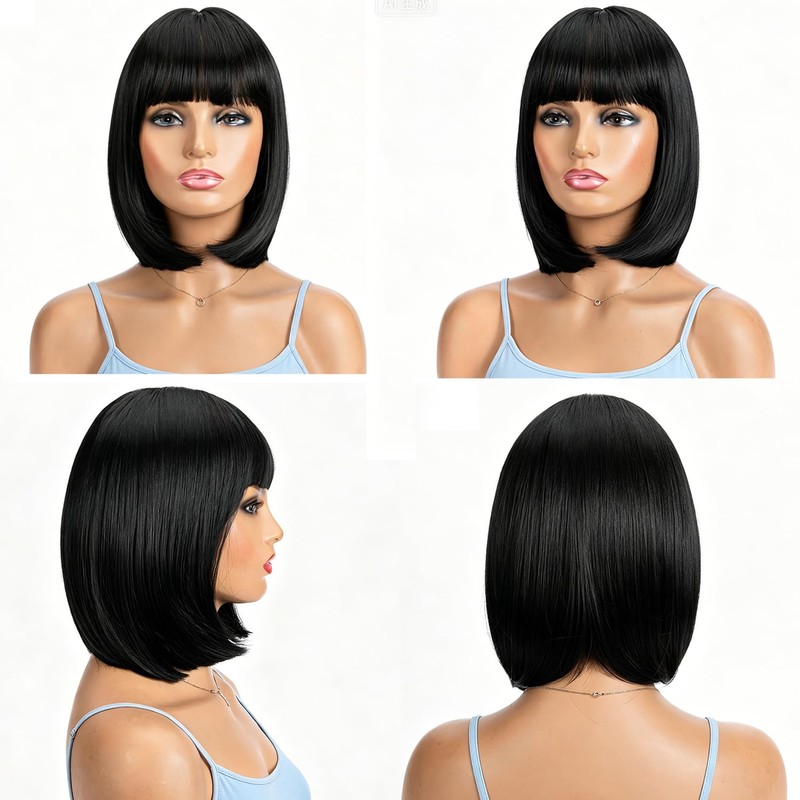 Amaattee Black Bob Wig with Bangs 12 Inch Short Straight