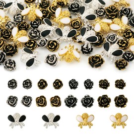 60Pcs 3D Rose Bee Nail Charms Alloy Enamel Camellia Flower Flatback Cabochons Black Golden Rose Bee Flower Charms No Hole Nail Sticker Ornament for Women Girl DIY Manicures Crafts Jewelry Making