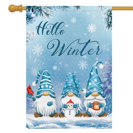 Louise Maelys Hello Winter Gnome Garden Flag 28x40 Double Sided, Burlap Large Vertical Snowflakes Snow Garden Yard House Flags for Winter Christmas Seasonal Outside Outdoor House Decor (ONLY FLAG)