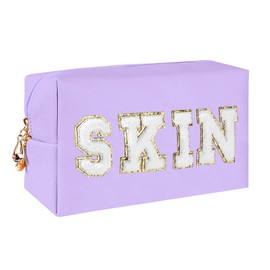 Preppy Patch Makeup Bag,Travel Cosmetic Bags PU Leather Portable Waterproof Toiletry Storage Case with Chenille Letter Zipper Daily Use Pouch for Women,Lilac Purple Skin