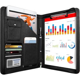 NEWYES NY-A403-BL-EU Leather Conference Folder Zipper A4 Travel Document Folder Portfolio Travel Bag Personal Agenda Organizer 33.5cm x 25cm x 3.5cm Black White