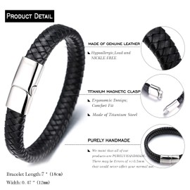 HALUKAKAH Kids ● Solo Junior ● Boy's Genuine Leather Bracelet Classic Black 6-12 Y/O. Titanium Magnetic Clasp 7"/18cm,Free Giftbox