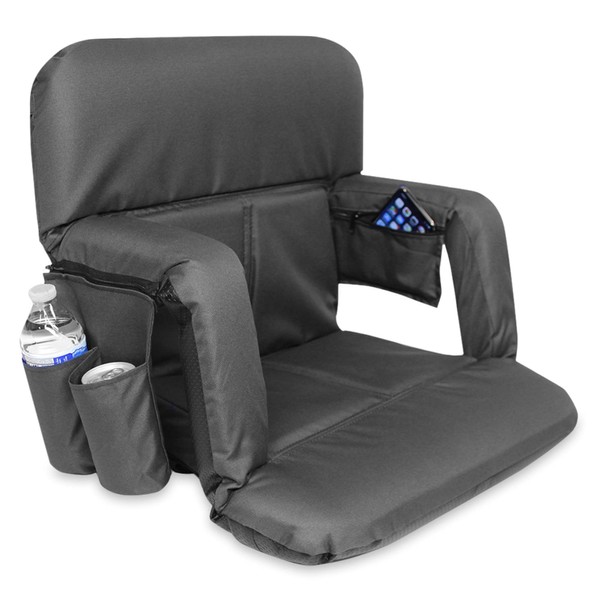 KHOMO GEAR Stadium Bleacher and Bench Seat Chair with Removable Pockets Padded Reclining Cushion and Armrest and Carry Straps - Black