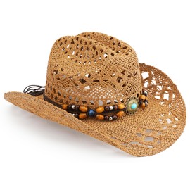 Melesh Straw Cowboy Hat, Western Cowgirl Hat, Wide Brim Sun Beach Hat for Men and Women (US, Alpha, One Size, Khaki-M27)