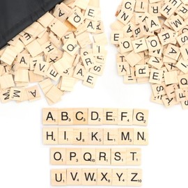 VEGCOO 200 Pieces Wooden Letters Scrabble Letters A-Z Moving Letters with Storage Bag Wooden Letters for Handmade Learning Decorating