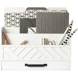 BLU MONACO | White Wooden Mail Organizer with Drawer | Desktop Mail Sorter & Countertop Bill Holder for Home Office | Multi-Compartment Desk Organizer with Farmhouse Style