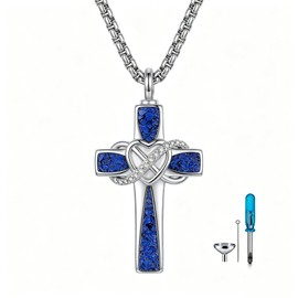 LUANIOL Cross Urn Necklaces 18K White Gold Plated Turquoise/Opal/Lapis lazuli Cross Cremation Jewelry for Ashes Memorial Ashes Necklace for Loved Ones (Lapis lazuli)