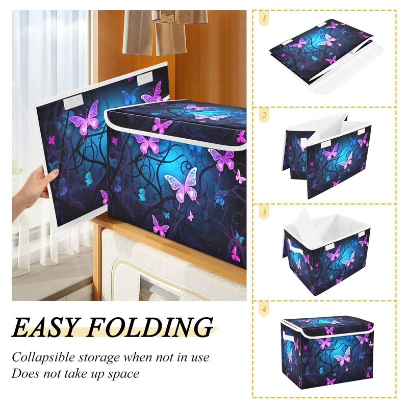YETTASBIN Purple Blue Butterfly Storage Basket with Lid and Handles,