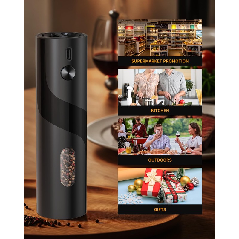 CIRCLE JOY Electric Pepper Mill Grinder, Top-Refill Rechargeable Black Pepper