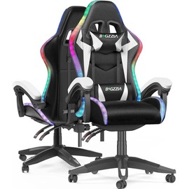 Bigzzia RGB Gaming Chair with LED Lights Spring Sale! Ergonomic Computer Chair, Adjustable, 360° Swivel Chair - Color: Black White