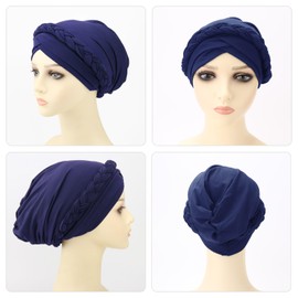 DRESHOW African Women's Turban Braid Headwear Headscarves Chemo Cap Pre-Tied Beanie Hat Head Wrap Sleep Hat, 1 x twisted braid: navy blue 66-23, Unit size
