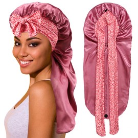 Vabrloy Long Satin Bonnet,Silk Bonnet for Sleeping,Long Satin Braid Bonnet for Women,Hair Bonnet Sleep Cap with Stretchy Tie Band for Black Women Long Curly Hair(Pink)