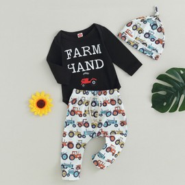 SAYOO Baby Boy Cowboy Outfit Newborn Western Country Boy Clothes Cow Print Letter Bodysuit+Long Pants+Cap 3pcs Fall Clothes (Black Farm Hand, 3-6 Months)