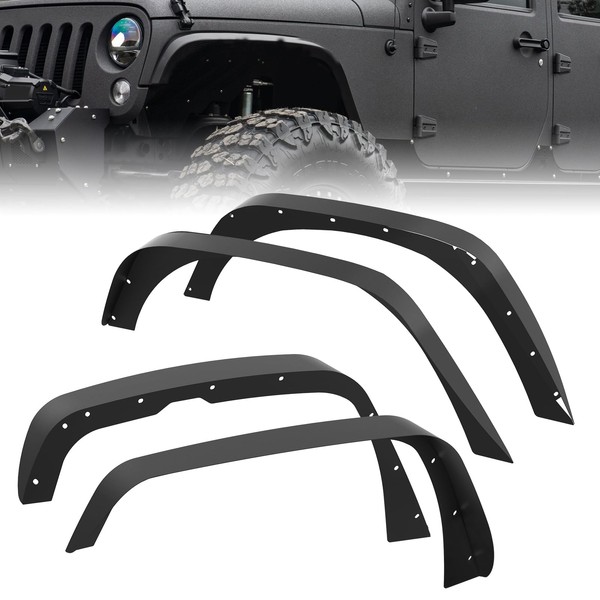 CHEINAUTO Flat Front & Rear Fender Flares Compatible with 2018-2024 Jeep Wrangler JL, New Thicken 4 PCS Off-Road Steel Wheel Flares Set - Fenders for 2018-2024 JL