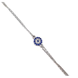 MYSTIC JEWELS by Dalia - Bracelet with Small Turkish Eye Motif Cubic Zirconia - Double Chain 16-18 cm Adjustable (Silver), Sterling Silver, Sterling Silver