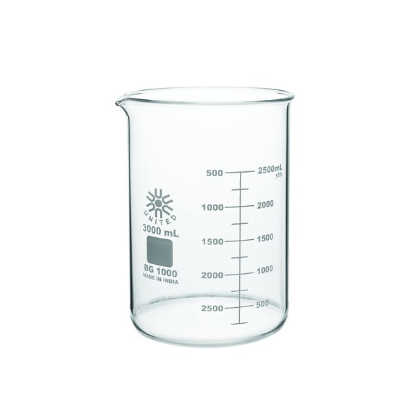 United Scientific™ BG1000-3000 Borosilicate Laboratory Grade Glass Beakers | Griffin Low Form Beaker |  Graduated with Spout | Designed for Laboratories & Chemistry Classrooms | 3000mL  Capacity