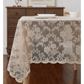 LinenZone Linen Rectangle Tablecloth for Rustic Vintage Decor. Sheer Lace Works Great As Wedding, Thanksgiving or Christmas Tablecloth (Mia TC 60 x 144, Linen)