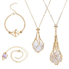 DICOSMETIC Necklace Bracelet Sets Inclucing 3Pcs 3 Styles Crystal Holder Necklace and 1Pc Gemstone Bracelet Holder Adjustable Brass Crystal Cage Necklace Empty Stone Holder Pendant Cage Mesh