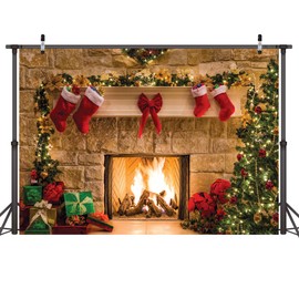 LYWYGG 8x6FT Christmas Fireplace Backdrop Christmas Backdrop Christmas Trees Backdrop Christmas Dinner Background Cloth Family Party Decorations Eve Fireplace Photography Background CP-282-0806