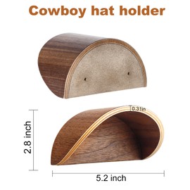 yunmanqiji Cowboy Hat Rack for Wall,2 Pack Wooden Hat Holder,with Satin Finish Hat Hooks,Non-Damage Brim Design Can Keeps Original Shape of Hat, for Western Hat Organizer (Walnut Wood)