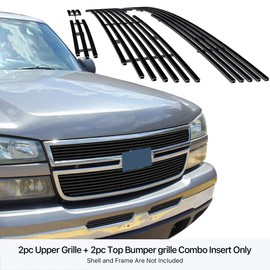 APS Compatible with Chevy Silverado 1500 HD 2006 & 05-06 2500HD 3500 & 07 Classic Models Stainless Steel Black 8x6 Horizontal Billet Grille Insert Combo C67673J
