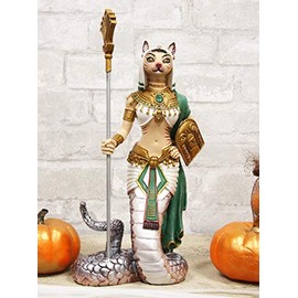 Ebros 11"H Egyptian Feline Goddess Bastet Cat With Slain Snake Apep Tail Holding Spear & Shield Statue 11"H Ubasti Bast Patron Of Protection Health Home Harvest Gods Of Egypt Figurine (Vivid Colors)