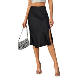 ALCEA ROSEA Womens Satin Skirt Split Casual Silky Midi Skirt High Waist Elastic Elegant A Line Work Skirt (Black, XX-Large)