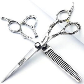 6/6.5/7 Inch Hairdressing Scissors 440c High Hardness Fine Pattern Professional Salon Hairdresser Hair Cutting and Thinning Hairstyle Pruning Tool (6 Inch 2-Piece Set)