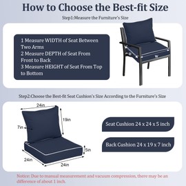 PZDJUMO Deep Seat Patio Cushions 24 x 24 Inch Waterproof Outdoor Chair Cushions Set of 2 Loveseat Cushions for Outdoor Furniture 5'' Thick Patio Furniture Cushion with Handle Straps, Navy Blue