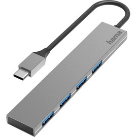 Hama USB C Hub 4 Ports (Super Speed-Plus Data Transfer with up to 10 Gbps, 3 x USB-A, 1 x USB-C, USB 3.2 Gen2 Multiport Adapter, USB C Adapter 4-in-1 for Office, Home Office and on the Go) Aluminium