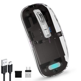 Wireless Transparent Mouse for Computer,Bluetooth Mouse Rechargeale,Power Display,DPI,Shortcut,Tri-Mode Bluetooth5.1(BT1+BT2) + 2.4GHz 2in1 Receiver(USB+USB-C)-Compatible with TypeC&USB Port Devices