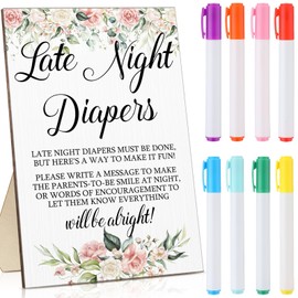 Roowest Baby Shower Games Late Night Diapers Sign Wooden Baby Shower Game Table Sign Baby Shower Gifts Set Gender Reveal Party Favors Supplies with 8 Pcs Colored Markers (Flower)