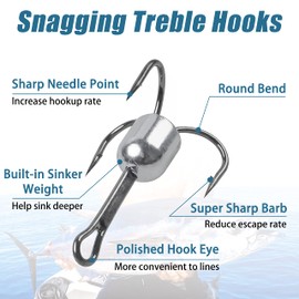 Weighted Treble Hooks Saltwater Snagging Hooks Fishing Hooks,5pcs Sharp Treble Fishing Hooks with Weight for Bass Bunker SnagSalmon Szie 5/0 6/0 8/0 10/0