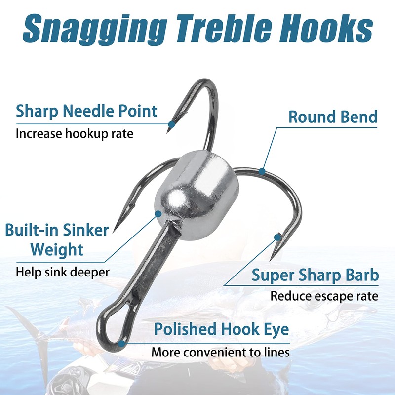 Weighted Treble Hooks Saltwater Snagging Hooks Fishing Hooks,5pcs Sharp Treble