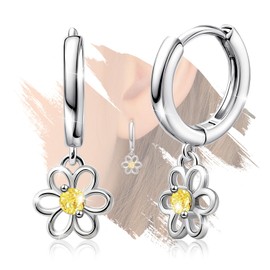 Daisy Earrings Sterling Silver Flower Hoop Earrings for Teens Women Hypoallergenic Yellow Cubic Zirconia Sunflower Loop Earring for Sensitive Ears Dainty Floral Jewelry Gifts for Daughter Niece